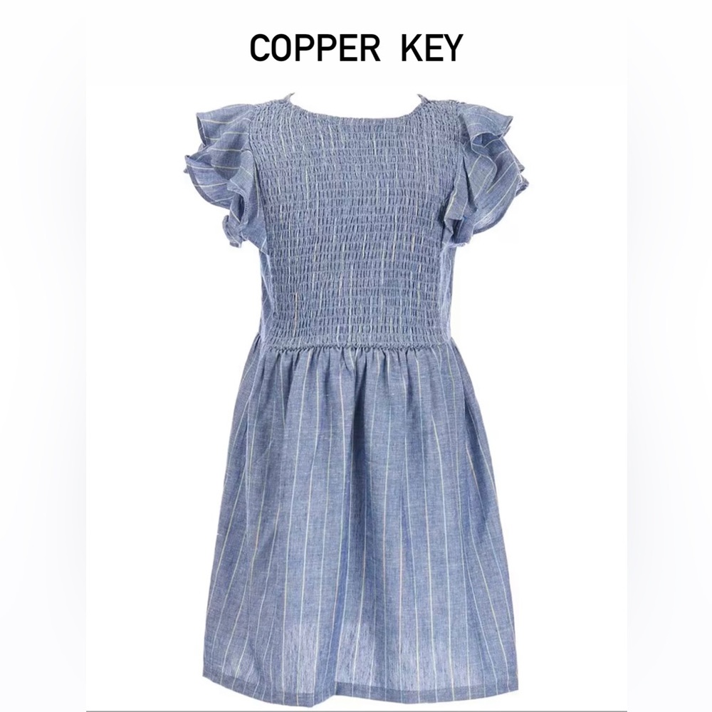 Copper Key.
  Girls Smocked Flutter Sleeve
  Striped Dress
